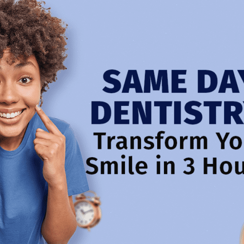 A smiling woman with a radiant smile showcasing the transformative power of same-day dentistry, surrounded by clocks symbolizing efficiency.